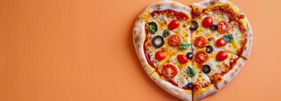 Heart-Shaped Pizza Topped With Fresh Tomatoes and Basil on a Orange Background photo