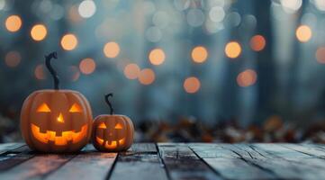 Lit Jack-O'-Lanterns on Wooden Table for Halloween photo