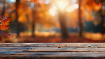 Autumn Sunset Over a Wooden Table Surrounded by Colorful Fall Foliage photo