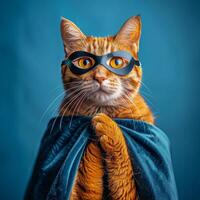 A playful cat in a superhero costume with glasses and a cape against a colorful background photo