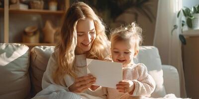 Mother and daughter sharing a heartfelt moment while reading a letter in a cozy living room photo