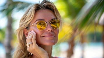 Woman applying sunscreen at a tropical poolside, enjoying a sunny day in summer photo