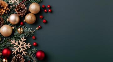 Festive Christmas Ornaments and Decorations on Dark Green Background photo