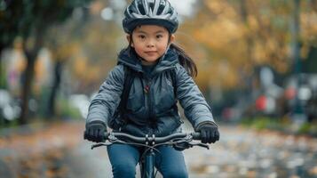 Young girl riding her bicycle happily on a tree lined path during autumn photo