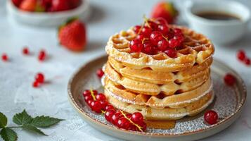 Delicious stack of fluffy waffles topped with fresh strawberries and red currants for breakfast photo