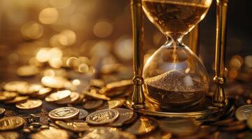 Golden Hourglass on Pile of Coins photo