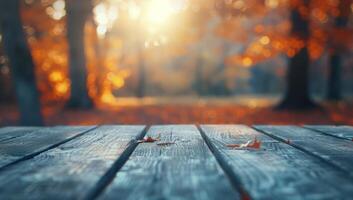 Autumn Sunset Over a Wooden Table Surrounded by Colorful Fall Foliage photo