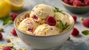 Creamy raspberry pistachio ice cream served in a white bowl with fresh berries on the side photo