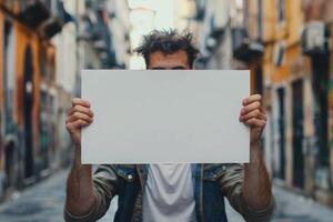 Young man holding blank paper in a narrow street on a sunny day photo