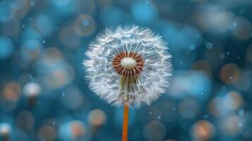 A dandelion puff stands tall against a shimmering blue background with soft bokeh effects photo