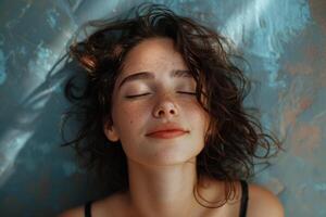 Young woman relaxing on bed with closed eyes, serene expression and natural beauty photo