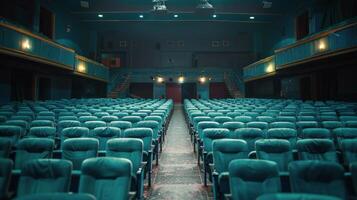 Red velvet theater seats in an empty cinema during a quiet evening show photo