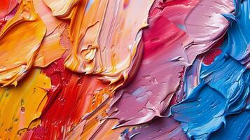 Vibrant abstract paint strokes in warm and cool colors create an artistic texture on canvas photo