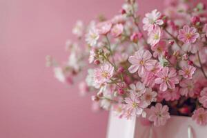 Beautiful pink flowers in a gift bag surrounded by petals on a softly colored background photo