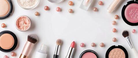 Pink Makeup Products on White Background photo
