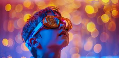 A boy enjoys a vibrant light display while wearing colorful sunglasses indoors at a party photo