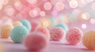 Colorful Candy Spheres on a Soft Table With Blurred Background Lights photo
