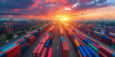 Sunset over a busy shipping yard filled with colorful cargo containers in an urban setting photo