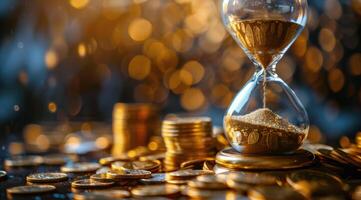 Golden Hourglass on Pile of Coins photo