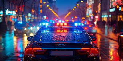 Police car lights illuminate the city skyline at dusk with vibrant colors and dramatic clouds photo