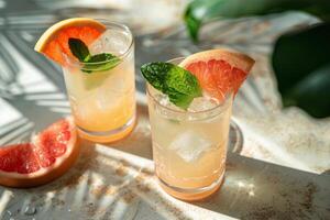 Refreshing grapefruit cocktails served with ice and mint on a sunny afternoon photo