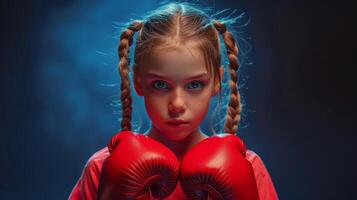 Young girl with boxing gloves showing determination and focus in training session photo