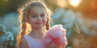 Young girl enjoying cotton candy in a flower field during sunset photo