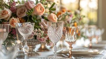 Elegant dinner table setting with flowers and candles at a cozy restaurant during evening hours photo