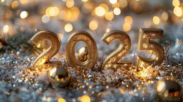 Golden numbers 2025 with shimmering lights and decorations on a snowy backdrop photo