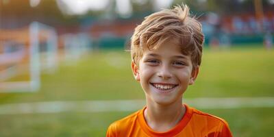 Young boy smiles brightly on a soccer field during a sunny afternoon practice session photo