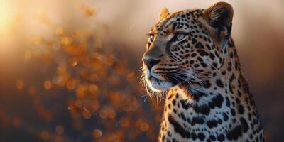 A lone leopard gazes into the sunset amidst the golden glow of the African savanna photo