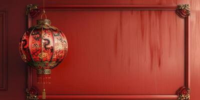 Beautiful red Chinese lantern hanging in a decorated room with ornate wall and trim details photo