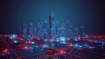 Futuristic digital city skyline illuminated by neon lights at night with interconnected pathways photo