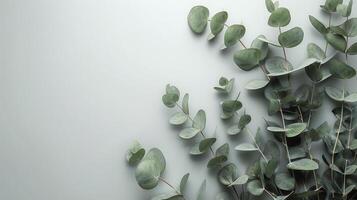 Eucalyptus leaves arranged on a soft textured background for a calming aesthetic photo