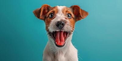 Cute puppy with a joyful expression against a colorful background in a studio setting photo