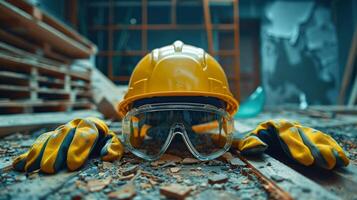 Construction safety gear on a worksite with debris scattered around during the day photo