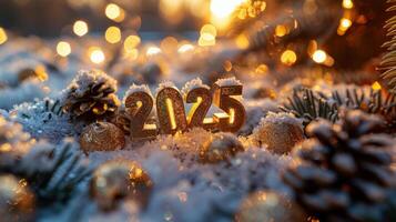 Golden numbers 2025 with shimmering lights and decorations on a snowy backdrop photo