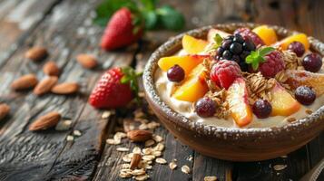 Delicious bowl of yogurt topped with fresh fruits and granola on a rustic wooden table photo