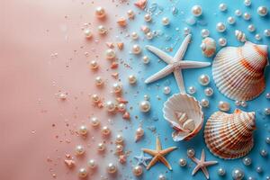 Discovering the beauty of seashells and pearls on a pastel beach inspired background photo