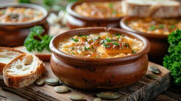 Creamy pumpkin soup served in a rustic bowl with toasted bread and fresh herbs on a wooden board photo