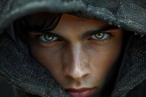 A young boy with piercing blue eyes gazes intensely, reflecting emotion and resilience photo