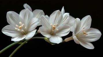 Delicate white flowers with yellow centers resting on a dark surface in natural light photo