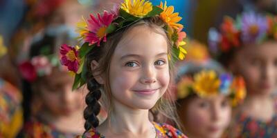 Young girl with flower crown smiles during cultural performance at local festival in spring photo
