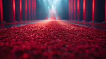 Red glittering pathway illuminated by vibrant lights in a darkened environment photo
