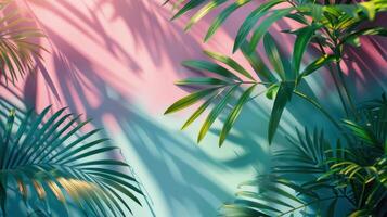 Tropical palm leaves casting shadows on a blue wall during daylight hours photo