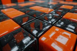Abstract arrangement of glowing cubes in a dark, reflective environment with luminous elements photo