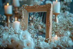 A serene table setting adorned with candles and fresh flowers reflecting elegance and tranquility photo