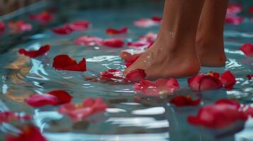 Enjoying a relaxing foot spa surrounded by rose petals in a tranquil setting photo