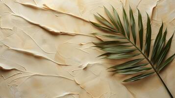 Green palm leaf on textured beige background with artistic brush strokes photo