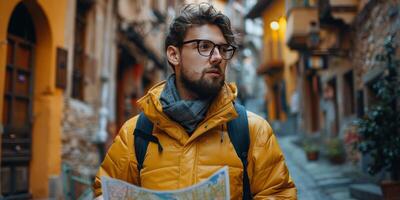 A traveler examines a map while exploring a charming European village in the afternoon light photo